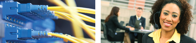 network cables and a woman wearing a headset