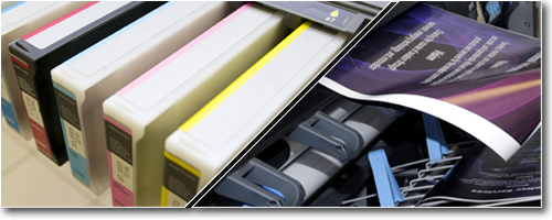 Photograph of ink cartriges and document output.