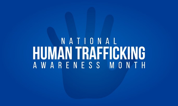 National Human Trafficking Awareness Month in white lettering over blue background with darker blue hand